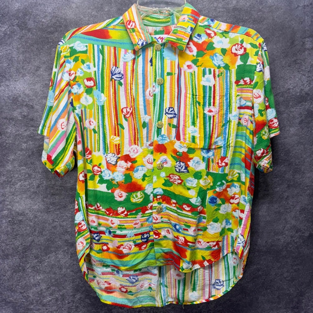 Vintage Jams World Womens Button Up Hawaiian Shirt Size M Colorful Floral Stripe